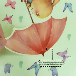 Luminous wall sticker showing cartoon rabbit with umbrella and colorful butterflies