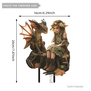 Detailed garden stake size guide with 16x20cm girl and baby dragon design specifications