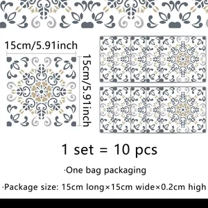 Detail of vintage mandala tile stickers showing 15x15cm dimensions and a 10-piece set