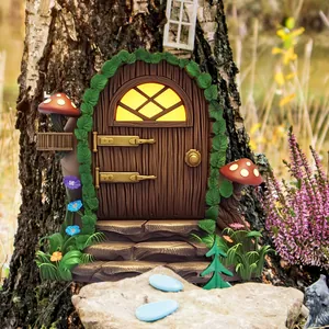Detailed fairy door miniature with resin wood texture and tiny mushrooms on tree root