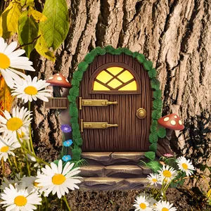 Detailed fairy garden door with realistic wood texture and glowing window among daisies