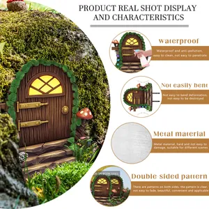 Macro view of iron fairy garden door featuring wood texture and waterproof dual-sided design