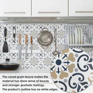 Detail of raised grain texture on vintage French style tile stickers with blue and gold patterns