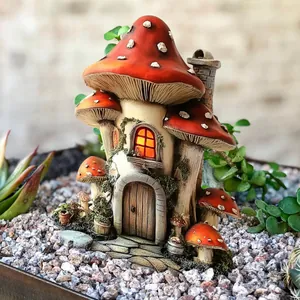 Detail of red mushroom fairy house garden stake with realistic wood texture and moss