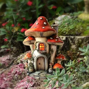 Detail of red mushroom house garden stake with glowing windows and mossy base texture