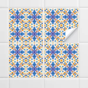 Self-adhesive tile stickers with vintage blue and orange Mediterranean floral patterns