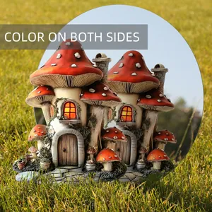Detail showing the double-sided color feature of the mushroom house garden ornament