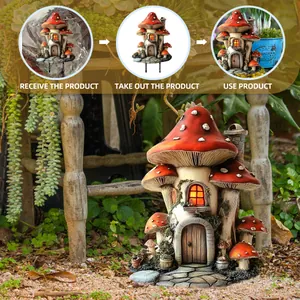 Detail of red mushroom house garden stake showing setup and installation steps
