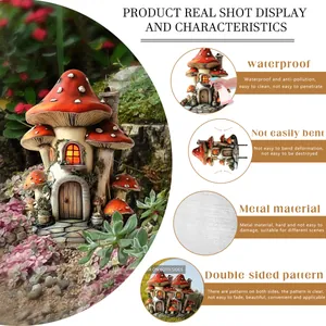 Detail of red mushroom metal garden stake showing waterproof and double-sided features