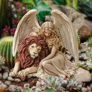 Detailed garden statue showing a carved angel and lion among outdoor plants