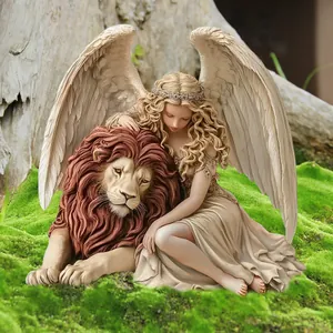 Detailed garden stake featuring a white angel and lion sculpture on green moss