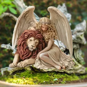 Detailed garden sculpture of a girl with a lion on mossy wood for outdoor decor