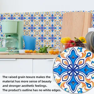 Macro detail showing raised grain texture on vintage blue and yellow mandala tile stickers