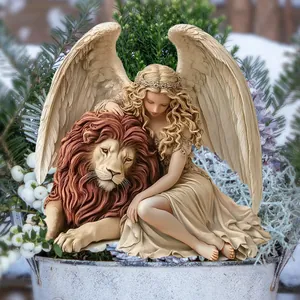 Detail of angel and lion iron garden stake art sculpture with textured metal finish