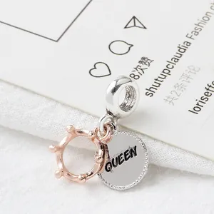 Ciondolo a corona da regina in argento e oro rosa per bracciali DIY con scritte incise