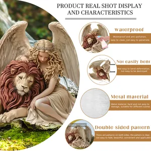 Detail of angel and lion iron garden stake showing waterproof dual-sided printing texture