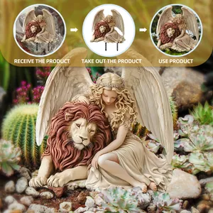Detailed view showing the easy installation of angel and lion iron garden stakes in pots
