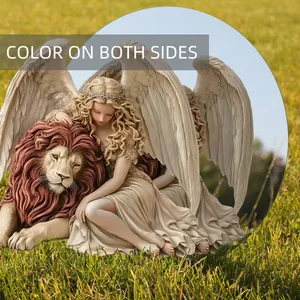 Close-up of iron garden stake featuring an angel and lion with color on both sides