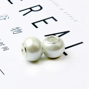 Set of two creamy white glass beads with silver metal core for DIY bracelets