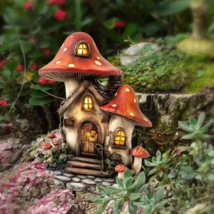 Detail of resin mushroom house stake with realistic textures and warm interior lighting