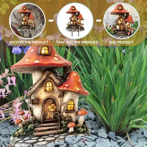 Solar powered resin mushroom house with LED windows for garden landscape decoration