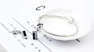 Macro shot of silver snake chain bracelet with black enamel and crystal purse charms