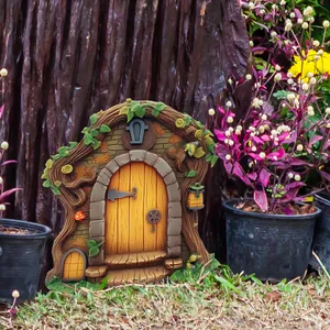 Detailed macro view of a rustic fairy door garden ornament against a dark tree trunk.