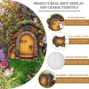 Detail of waterproof metal fairy door garden ornament with wood texture and stone archway