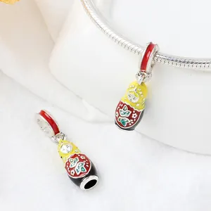Colorful Russian doll enamel charm pendant with silver snake chain bracelet