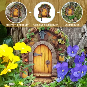 Detail view of fairy garden door with miniature vines and flowers on wood texture
