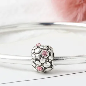 Vintage silver hollow charm with pink cubic zirconia and textured finish for bracelets