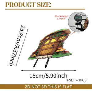 Detailed view of 2D fairy house garden stake with dimensions and thickness measurement