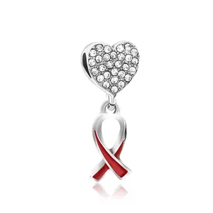 Alloy Zircon Heart Red Ribbon Awareness Charm Pendant For DIY Jewelry Making Bracelet Necklace Charity Gift For Women