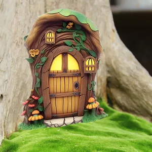 Detailed garden fairy door decor with wood texture and glowing LED windows