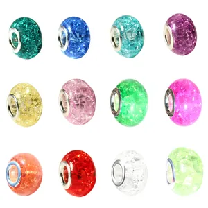 Crackle Pattern Large Hole Resin Beads With Alloy Core For DIY Jewelry Making European Style Round Charm Beads