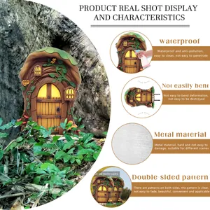 Waterproof metal fairy door garden stake with wood texture and mossy vine details