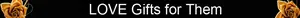 Elegantes rosas de tela de seda dorada en banner negro con texto Love Gifts for Them