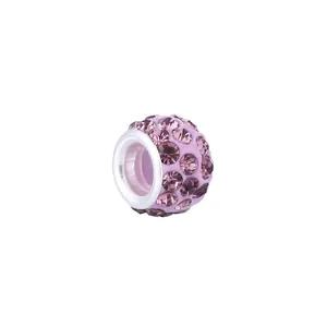 Pink rhinestone clay bead charm with silver metal core for DIY jewelry making