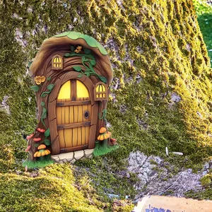 Detail of fairy garden door statue with realistic wood texture and bright moss base
