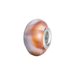 Detailed view of resin charm bead with orange and purple clouds and silver metal core