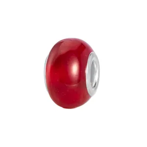 Detailed view of a dark red translucent large-hole glass bead with silver metal core ring