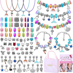 Kit de Creación de Joyas DIY para Niños Cuentas de Aleación Colgantes Cuentas de Vidrio Collares de Cordón Pulseras Caja Rosa