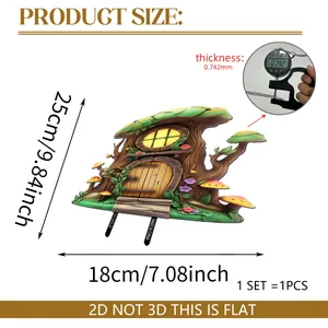 Flat fairy tree house garden stake with precise dimensions and 2D thickness detail