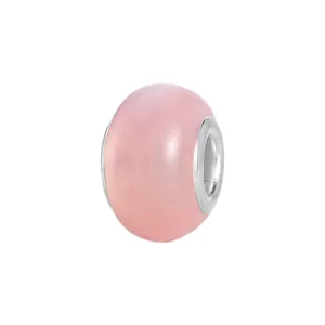 Detailed view of a pink faux opal large hole charm bead with silver metal core insert