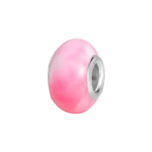 Macro shot of pink and white marble resin charm bead with silver metal core edges