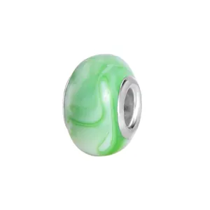 Detail of green and white marble resin bead with silver metal core for DIY bracelets