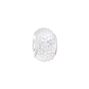 Macro view of white resin charm bead with shimmering crystal stones for DIY jewelry