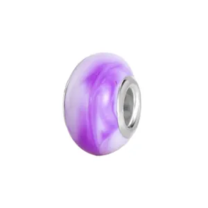 Macro view of purple resin charm bead with marble texture and silver metal core