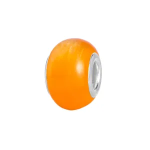 Close-up of translucent orange cat-eye charm bead with silver metal core for bracelets