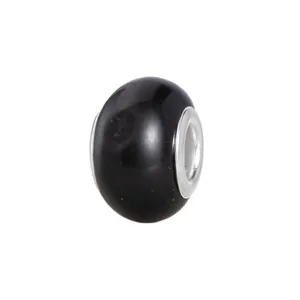 Close-up of a glossy black large hole bead with silver core for DIY bracelet making
